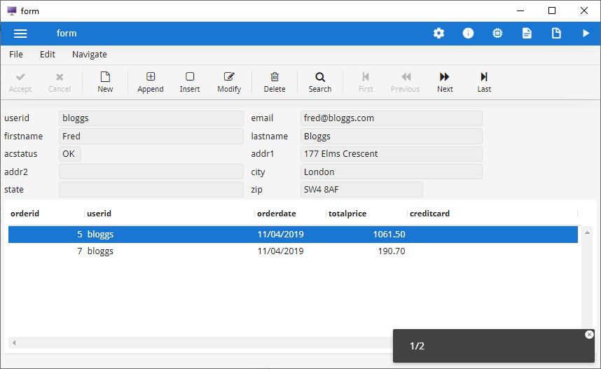 This figure is a screenshot of the application running, showing the master-detail data.