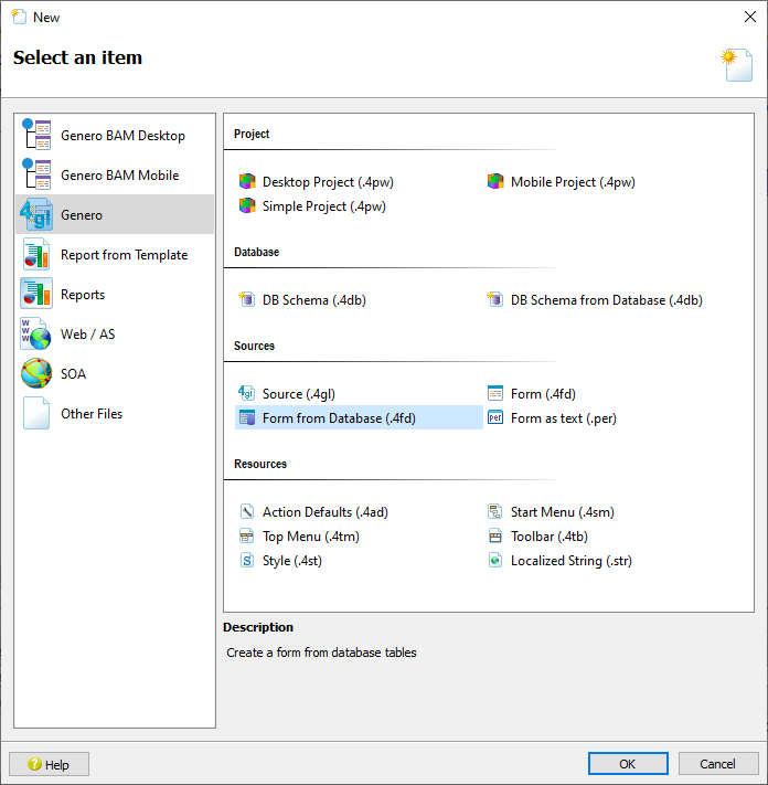 This figure shows the Form from Database (.4fd) option selected in the File > New dialog.