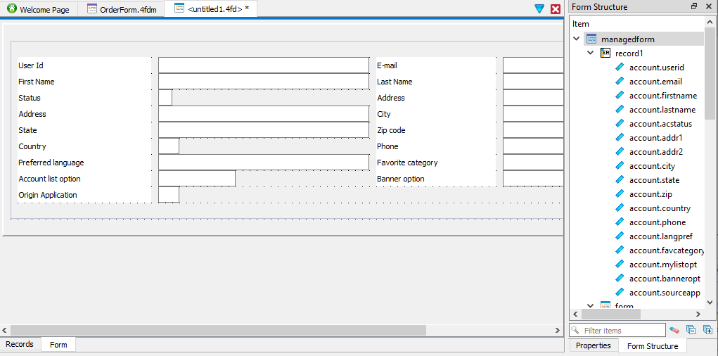 This figure shows the form created from the Form from Database wizard.