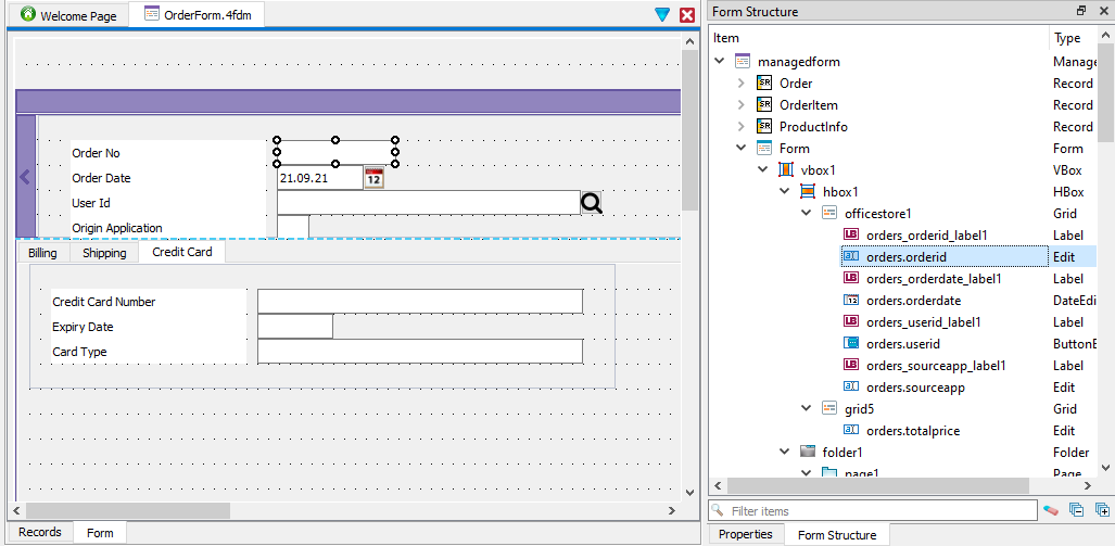 This figure shows how selecting an item in the Form Structure view also locates and selects the form item in Form Designer.