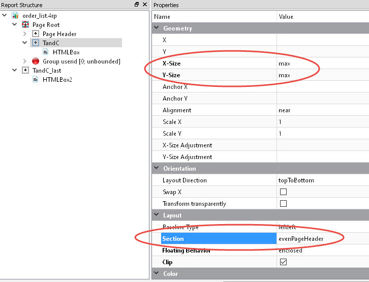 The figure is a screenshot of the Report Structure and Properties View. The TandC page header is highlighted so that its properties are visible. X-Size and Y-Size are set to max, and Section is set to evenPageHeader.