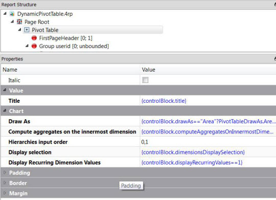 This figure shows the Properties view for the pivot table element, showing the various controlBlock values.