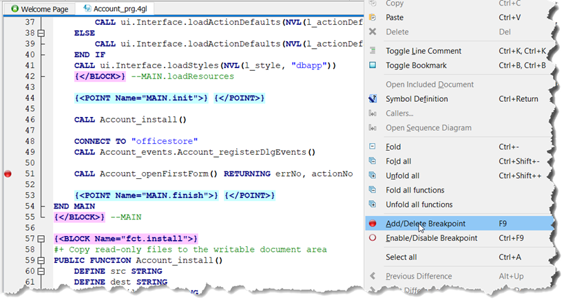 This figure shows a breakpoint at line 50 of the Account_prg.4gl application.