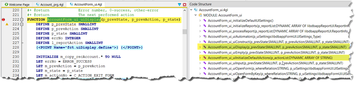 This figure shows the Code Structure for AccountForm_ui.4gl, and highlights the AccountForm_ui_uiDisplay and AccountForm_ui_uiInput functions.