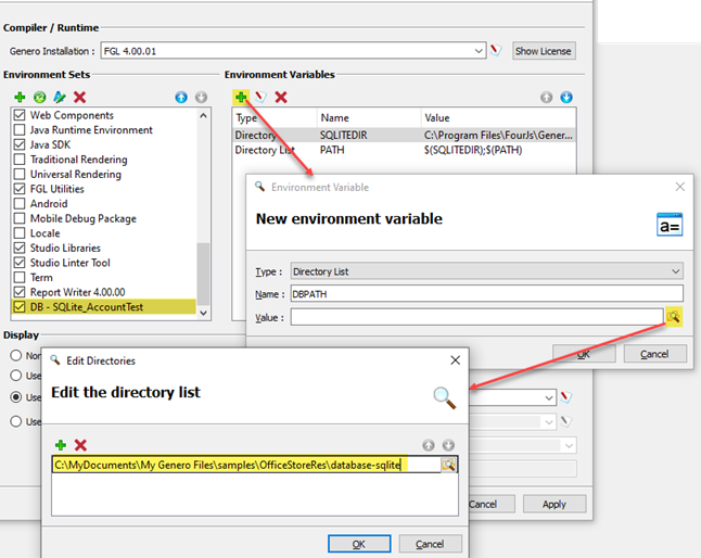 This figure is a screenshot of the Genero Configuration Management, Environment Variable, and Edit Directories dialogs.