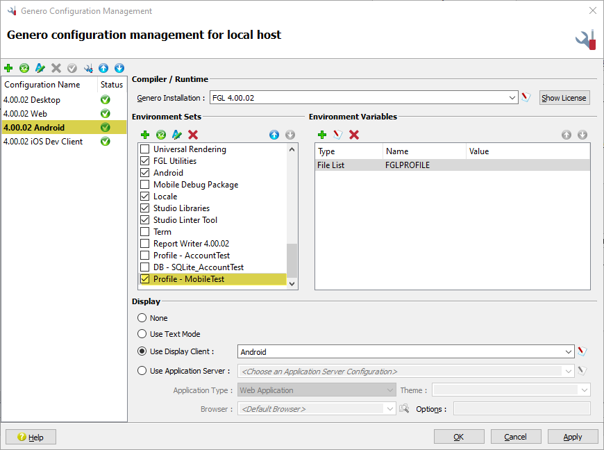 This figure is a screenshot of the Genero Configuration Management dialog, highlighting the "4.00.02 Android" configuration and the "Profile - MobileTest" environment set.