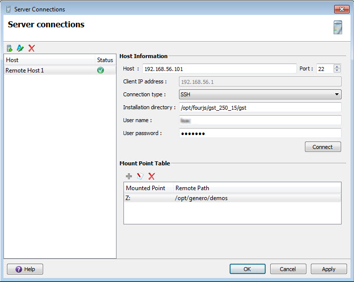 This figure is a screenshot of the Server Connection dialog. See the surrounding text for information about the fields shown.