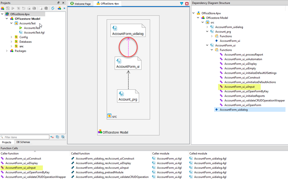 This figure shows the selected link between the AccountForm_ui and AccountForm_uidialog nodes in the Dependency diagram. It also shows the resulting details about the function calls in the Function Calls view, with the AccountForm_ui_uiInput function highlighted.