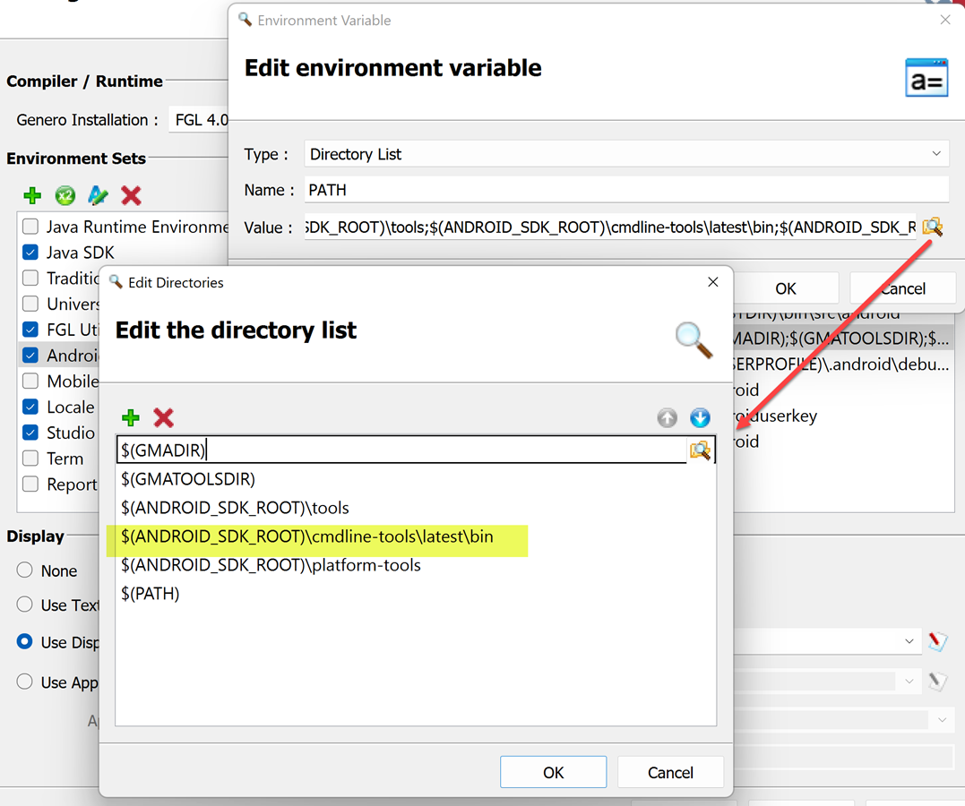 The "Edit Environment variable" dialog is opened for the PATH variable. The browser icon is highlighted, which opens the "Edit directories" dialog (indicated by a red arrow). The "Edit directories" dialog is shown with "$(ANDROID_SDK_ROOT)\cmdline-tools\latest\bin" highlighted.