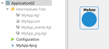 This figure shows a program entity called MyApp in the BA diagram and the an application node called Application02 in the Projects view. The Application02 node includes an Intermediate Files folder, with files MyApp.4gl, MyApp.xml, MyApp_events.4gl, and MyApp_prg.4gl. The Application02 node also includes a Configuration node and a MyApp.4prg file.