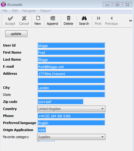 This figure shows the Accounts screen from the application displayed during the debugger session.