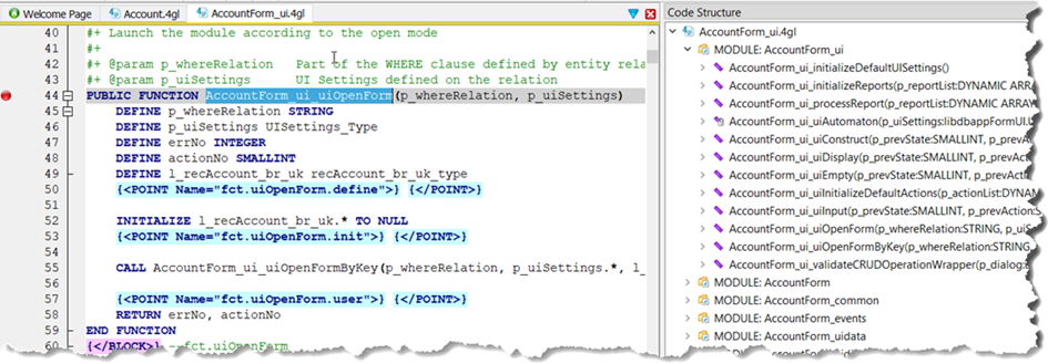 This figure shows the Code Structure view for the AccountForm_ui.4gl module, displaying the variables, additional functions, and imported source modules.