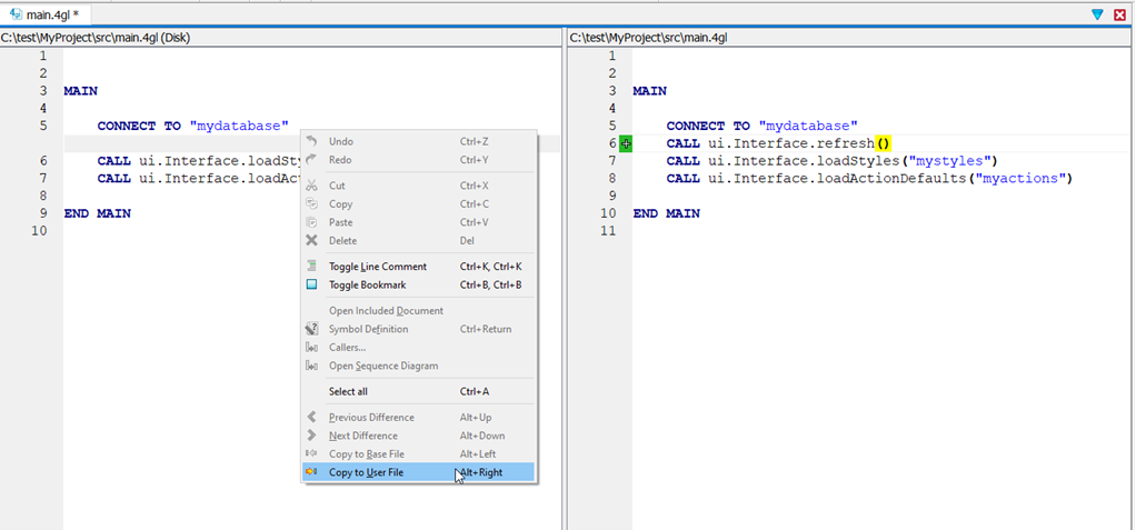 This figure shows a file with changes in Vertical Dual Diff mode. The context menu is displayed, with Copy to User File highlighted.