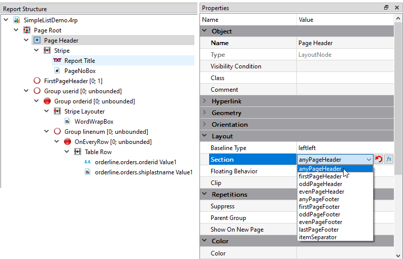 This figure is a screen shot of the Report Structure view and Properties view of a sample report. In the Report Structure view, the Page Header element is selected. In the Properties view, the Section property is expanded to show options, such as anyPageHeader.