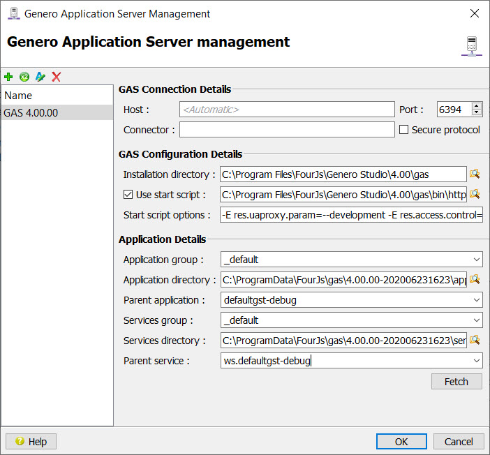 A screen shot of the Genero Application Server management dialog showing details of a selected GAS Configuration.