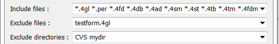 This figure shows the Import Project dialog with three fields: the Include files list the Genero file extensions, the Exclude files field specifies "testform.4gl", and the Exclude directories field specifies "CVS mydir".