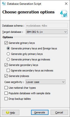 Screen shot of Database Generation Script dialog.