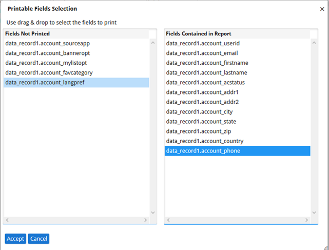 The image shows a screenshot of the Printable Fields Selection dialog