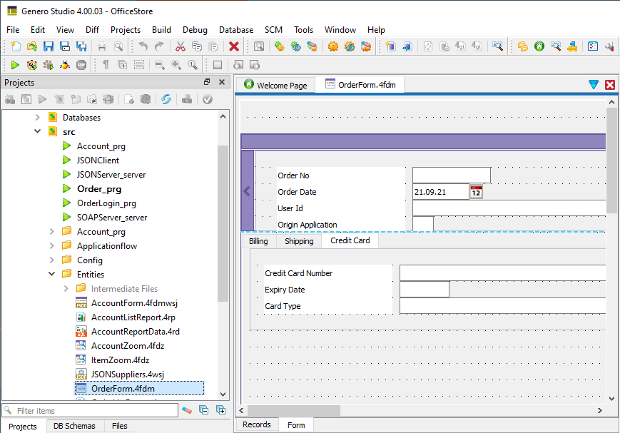 This figure shows the OrderForm.4fdm file open in Form Designer.