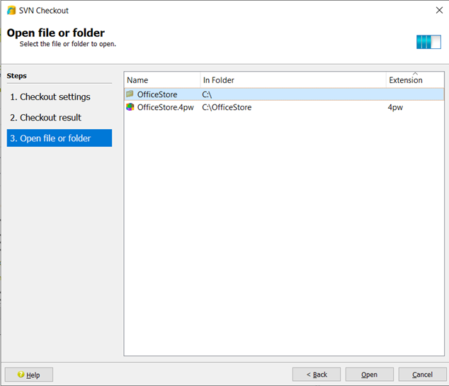 This figure shows how to select a project file to open in Project Manager after completing the checkout dialogs in the SCM Checkout wizard.