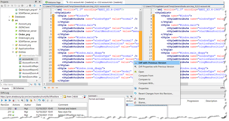 This figure shows the option to open the Diff utility to compare the selected revision with the previous revision.