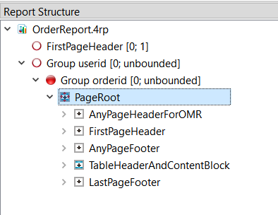 This figure shows the report structure for the Order Report. The nodes are in the following hierarchy: OrderReport.4rp, Group userid, Group orderid, PageRoot.