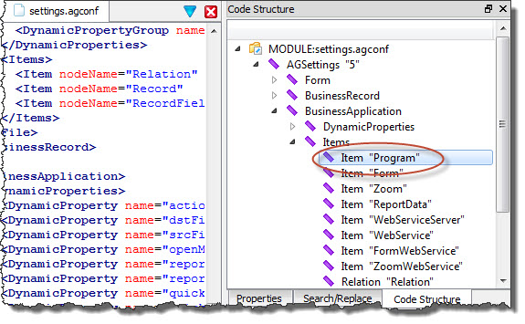 Structure view of the settings.agconf file with Items element selected.