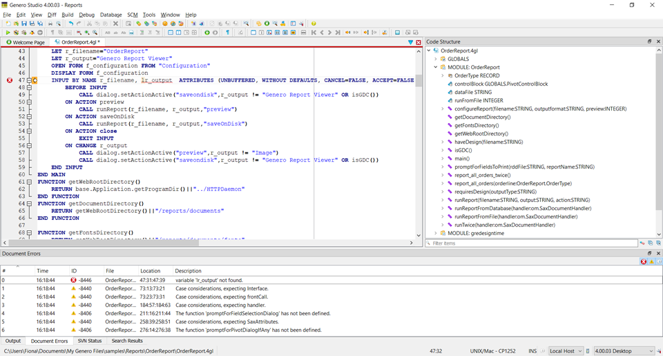 Screenshot of Genero Studio code editor showing line marked with syntax error