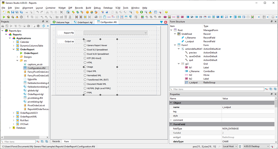 Screenshot of Genero from designer showing RadioGroup widget selected in the configuration.4fd form file