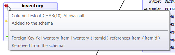 Screen shot of mouse hovering over icon, with schema changes displayed for the table.