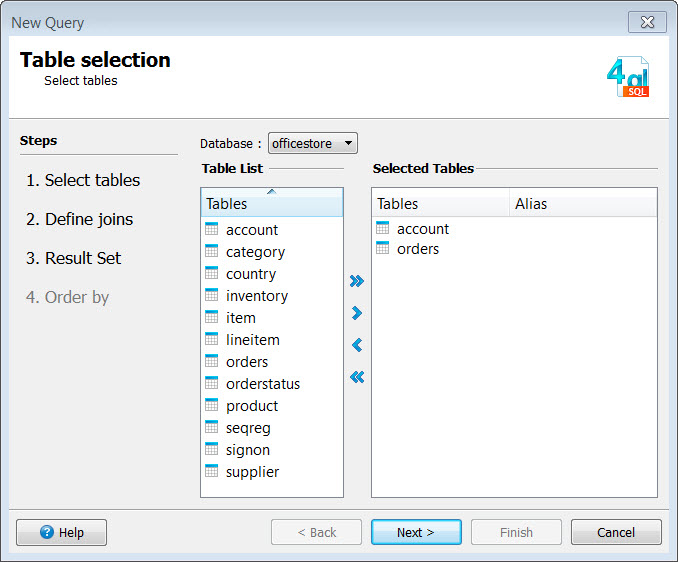 This figure is a screenshot of the New Query wizard, Table Section page.