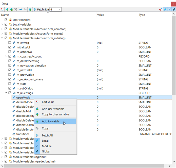 This figure shows a watchpoint being added for the m_uiSettings.openMode variable in the AccountForm_uidialog module.