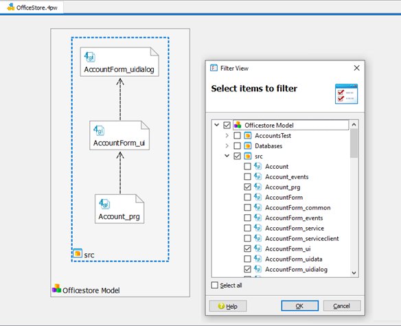 This figure shows the Filter view with all items deselected except Account_prg, AccountForm_ui, and AccountForm_uidialog.