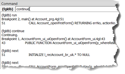 The figure shows the Command view with the "continue" command entered.