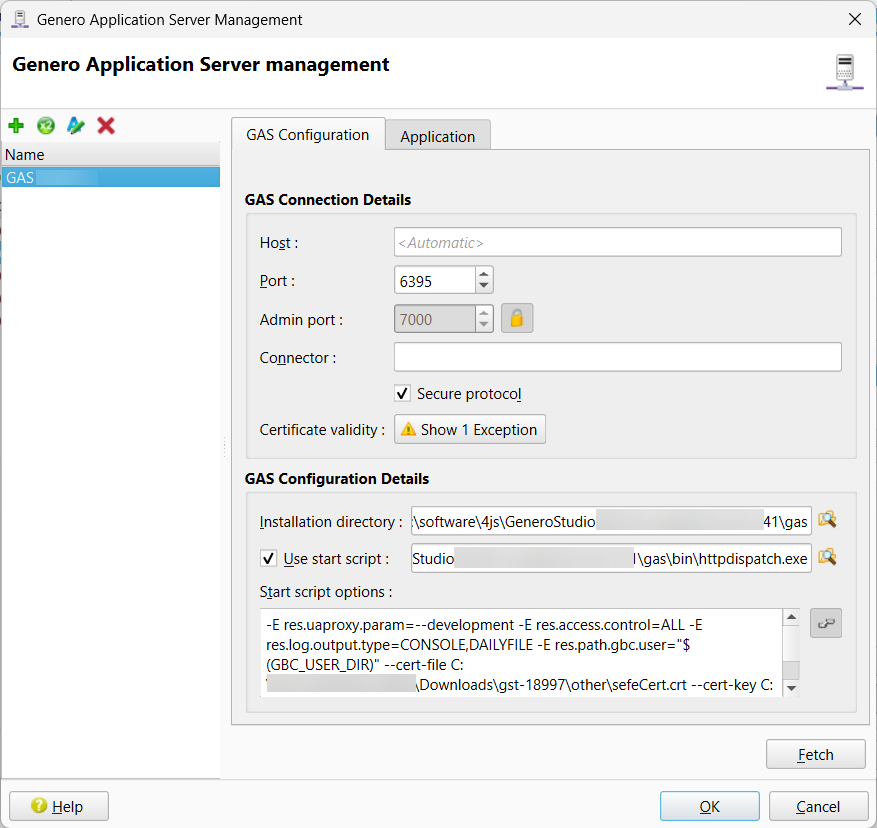 A screen shot of the Genero Application Server management dialog showing details of a selected GAS Configuration.