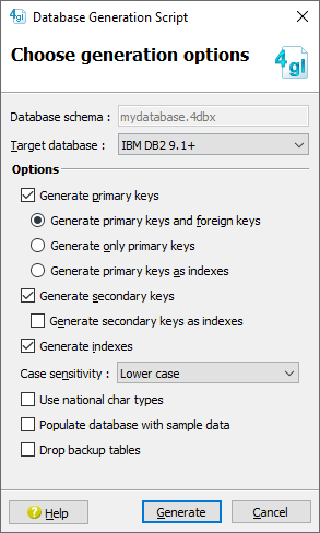 This figure is a screenshot of the Database Generation Script dialog.