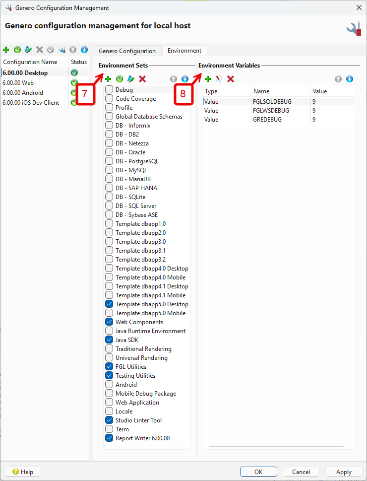 1This figure is a screen shot of the Genero Configuration Management dialog, Envirionment tab, as it appears in Genero Studio.