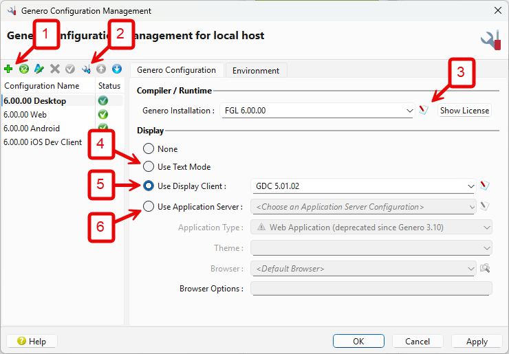 1This figure is a screen shot of the Genero Configuration Management dialog, Genero Configuration tab, as it appears in Genero Studio.