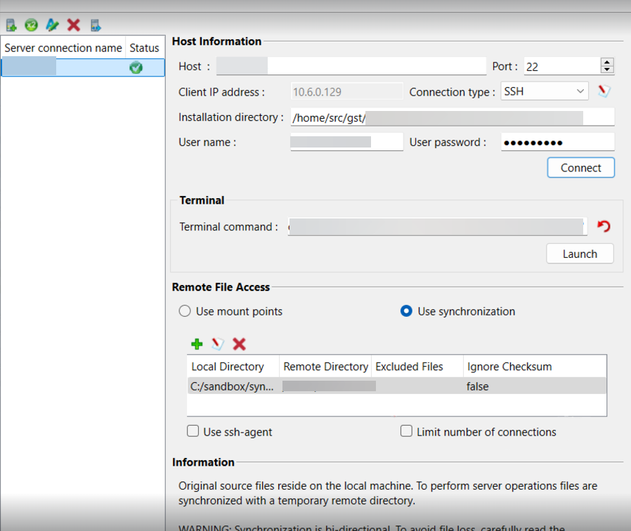 This figure is a screenshot of the Server Connection dialog. See the surrounding text for information about the fields shown.