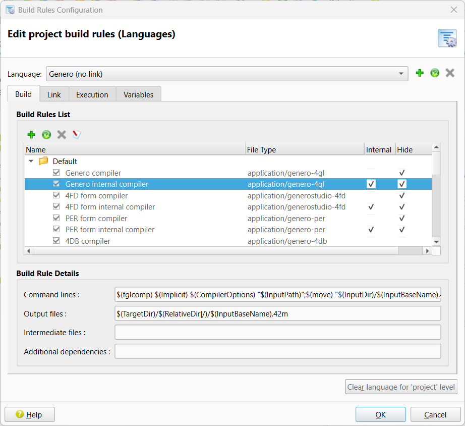 A screen shot of the Build Rules Configuration dialog showing Genero as the language default.