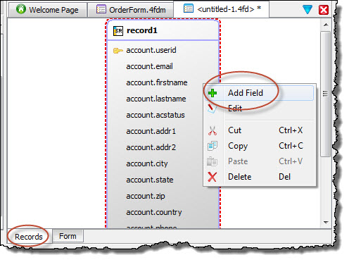 This figure shows how to add a field to an existing form record in Form Designer.