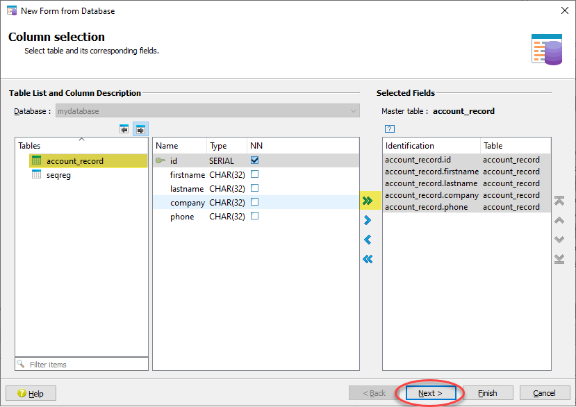 This figure is a screenshot of New Form from Database wizard Column selection. The account_record table and the double-right arrow are highlighted, indicating that all fields from the account_record table are selected.