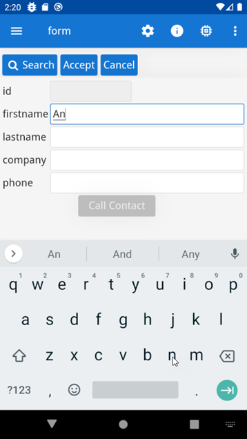 Displays the Android emulator with the form opened in Edit mode. The user has begun to enter text in the firstname field.