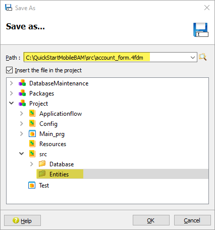 This figure is a screenshot of the Save As dialog, where the form is saved as "C:\QuickStartMobileBAM\src\account_form.4fdm" and is included in the project under "Project/src/Entities".