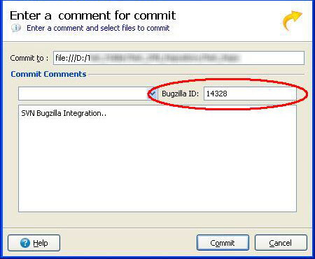 Genero Studio Commit dialog with integrated Bugzilla ID field.