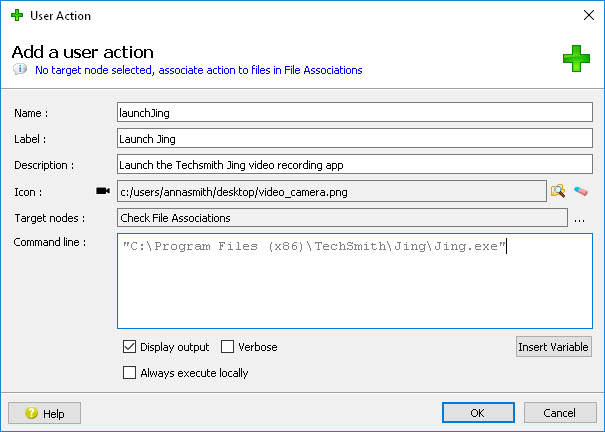 Screen shot of the Add a User Action dialog