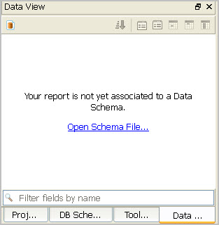 This figure is a screenshot of the Report Designer Data View prior to associating a schema file with the report design document. See the surrounding text for information about the role of a schema file in report design.