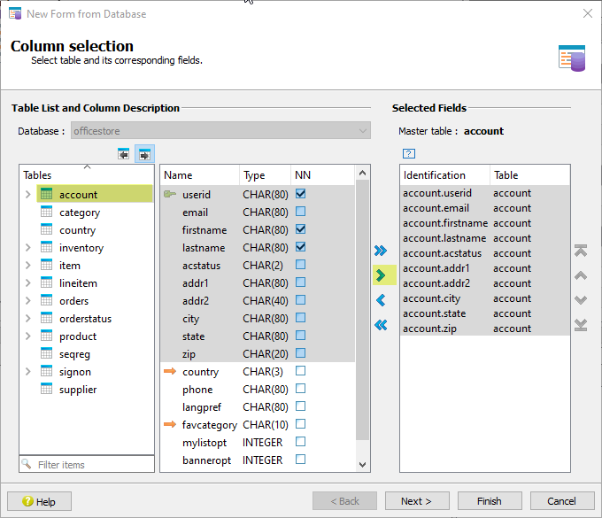 This figure is a screenshot of New Form from Database wizard Column selection.