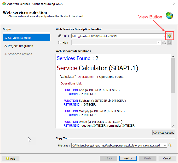 This figure is a screenshot of the Add Web Services - Client consuming WSDL dialog. See the surrounding text for more information about the fields shown on this window.