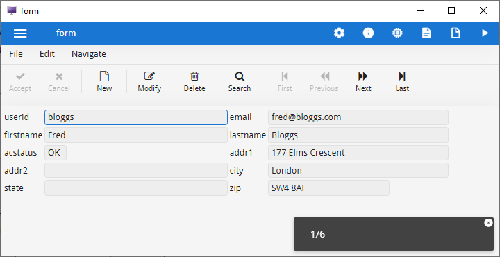This figure is a screenshot of the application running with the form displayed. Toolbar icons are enabled for New, Modify, Delete, Search, Next, and Last. Details are displayed for the user ID "bloggs".
